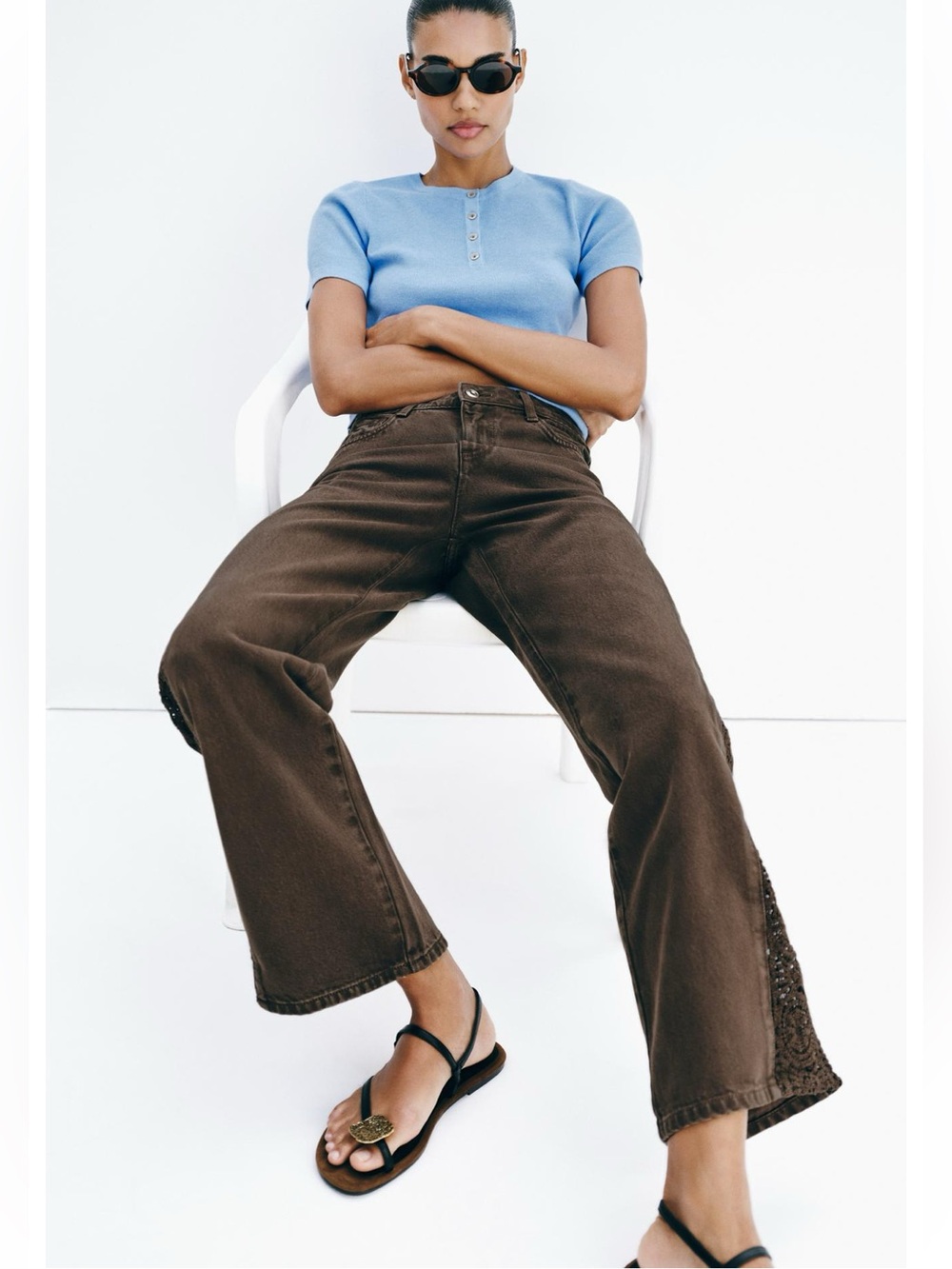 brown Zara Z1975 Loose Fit Mid-Rise Crochet Jeans